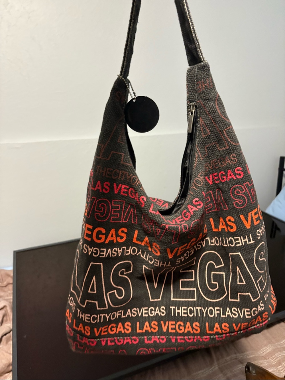 Las Vegas Print Canvas Hobo Bag - Black & Orange